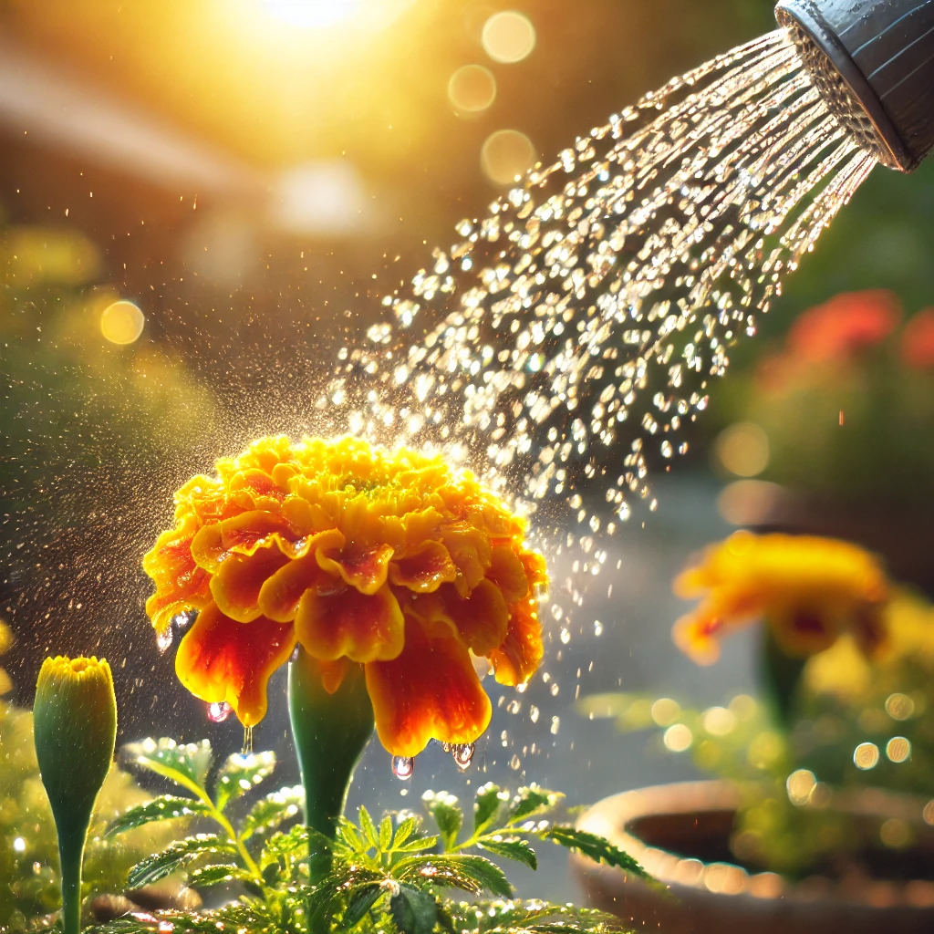 Watering a marigold flower